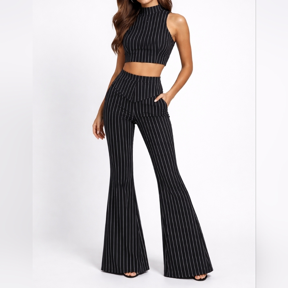 JoyLab Black Pinstripe High-Waist Flare Pants